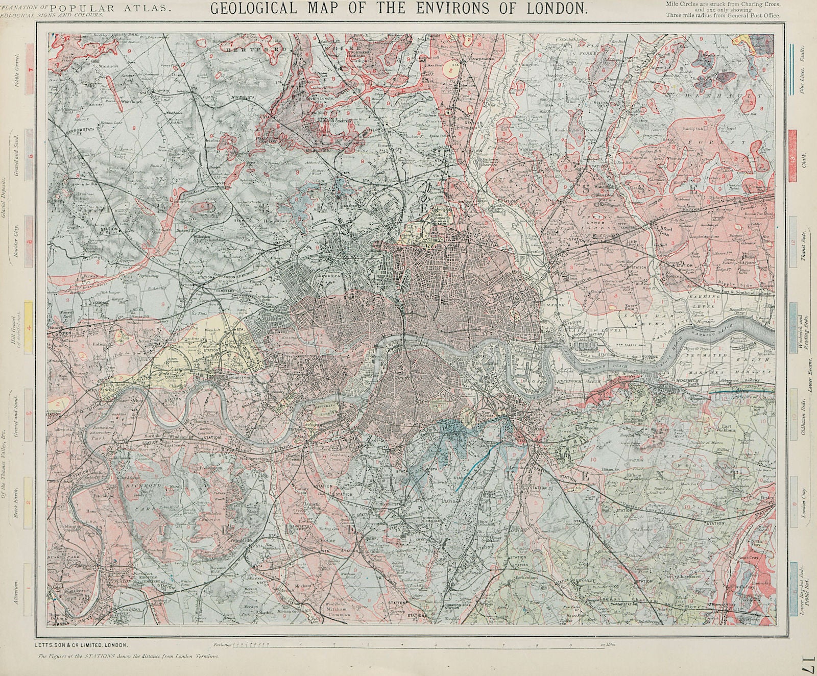 Geological map of the Environs of London. LETTS 1884 old antique chart